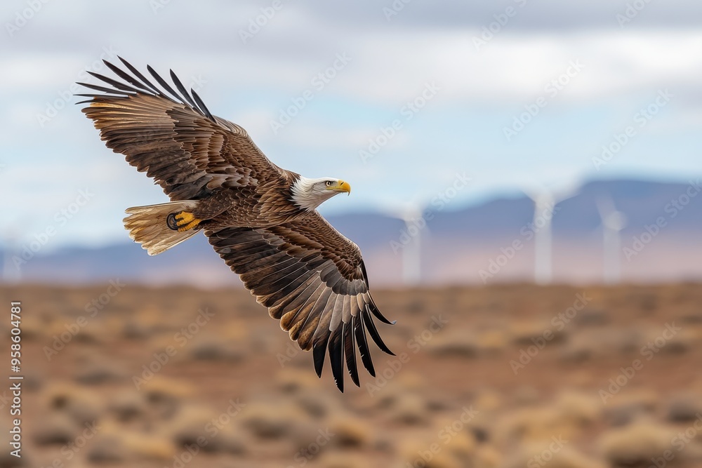An eagle gracefully glides close to the arid ground with wind turbines visible in the distance, demonstrating the interconnection between ecosystems and renewable energy development. An eagle gracefully glides close to the arid ground with wind turbines visible in the distance, demonstrating the interconnection between ecosystems and renewable energy development.