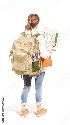 A student carrying books and a backpack, preparing for an educational journey. Perfect for academic themes and youth imagery. watercolor style.