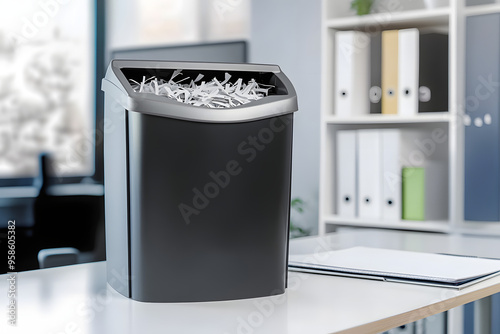 Paper shredder with bin on white table in office