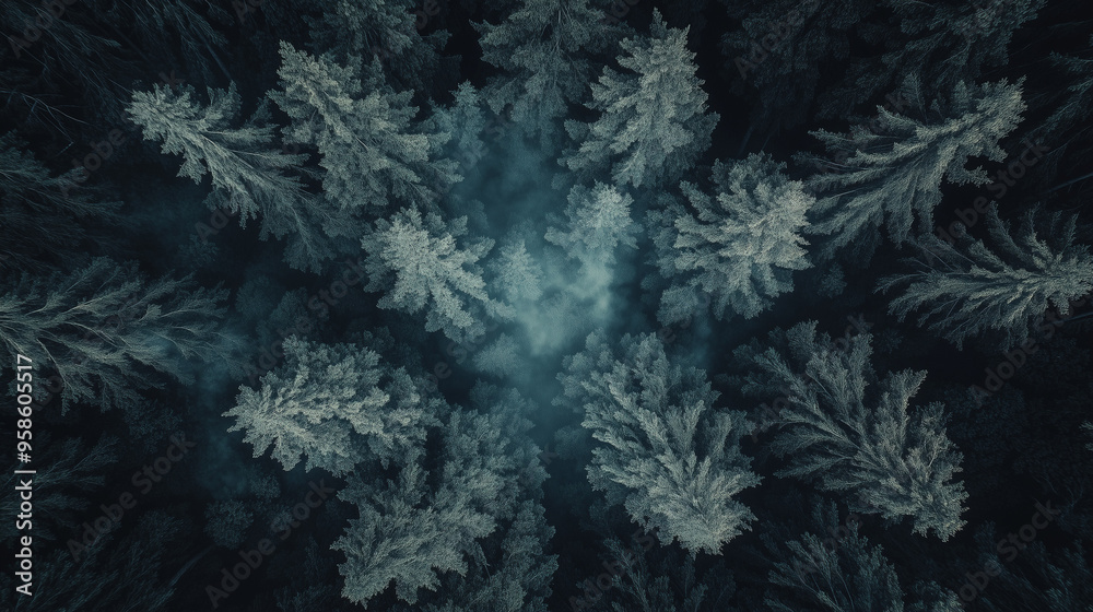 A mesmerizing top-down view of tall trees shrouded in fog, creating a mysterious and calm forest atmosphere A mesmerizing top-down view of tall trees shrouded in fog, creating a mysterious and calm forest atmosphere