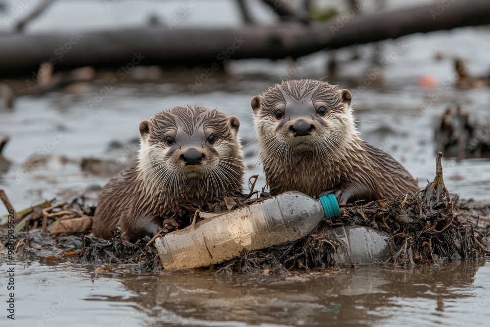 Two otters attempting to remove a plastic bottle from a polluted river highlight the issues of environmental pollution and the critical role of wildlife in ecosystem health. Two otters attempting to remove a plastic bottle from a polluted river highlight the issues of environmental pollution and the critical role of wildlife in ecosystem health.