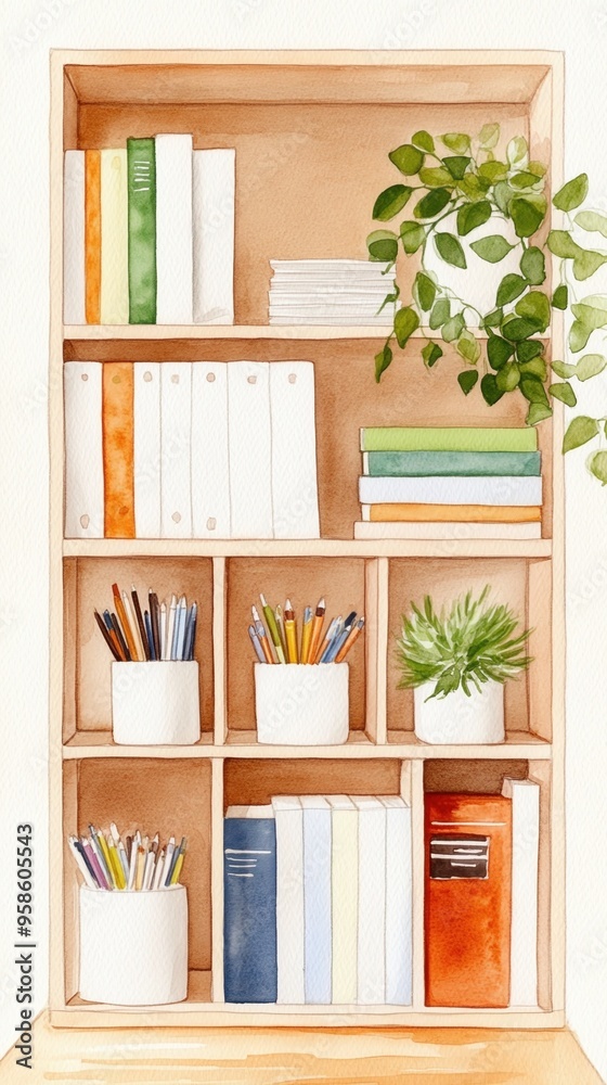 A stylish bookshelf filled with books, plants, and stationery, perfect for a cozy workspace or home office setting. watercolor style. A stylish bookshelf filled with books, plants, and stationery, perfect for a cozy workspace or home office setting. watercolor style.
