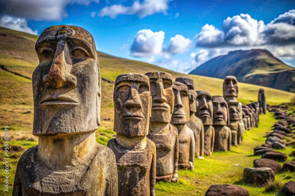 Fototapeta premium cultural heritage, Moai statues standing in rows at the Rano Raraku quarry on Easter Island with a shallow depth of field highlighting the exquisite artistry and ancient craftsmanship
