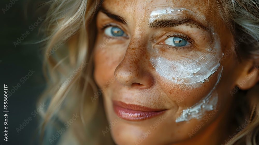Close-up portrait of a mature woman with natural beauty, applying skincare cream, highlighting self-care, wellness, and healthy aging. Perfect for promoting skincare, beauty, and lifestyle concepts.