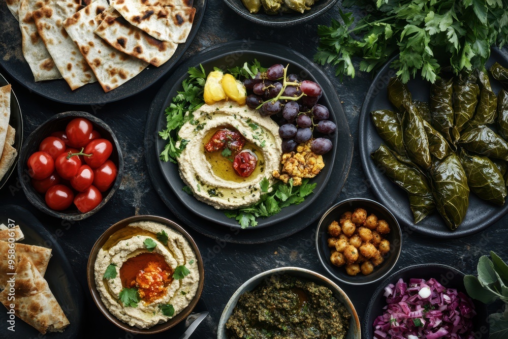 A vibrant display of Mediterranean dishes, including hummus, pita, and fresh vegetables. A vibrant display of Mediterranean dishes, including hummus, pita, and fresh vegetables.