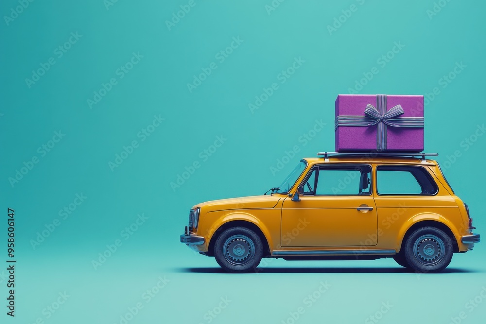 A vibrant yellow car adorned with a big purple gift box on its roof sits against a light blue background, evoking joy and anticipation for special occasions
