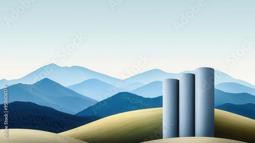 Silos with a backdrop of mountains, serene landscape, 3D illustration