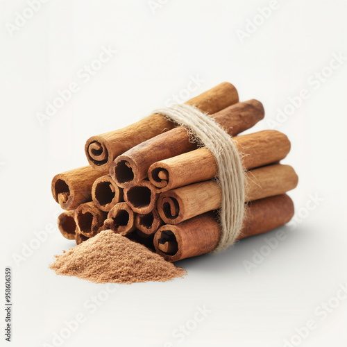 Bundle of Cinnamon Sticks with Ground Cinnamon on White Background photo