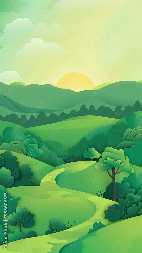 Obraz premium green landscape paper cut out animation style vertical view cartoon 2d paper realistic 3d layers look, sun and tree and clouds background spring atmosphere natural environment healthy earth panorama