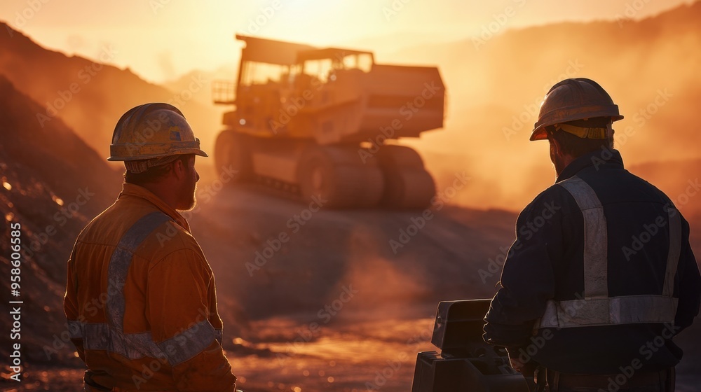 Miners discussing safety measures at a dusty mine site with heavy machinery in the background, intense focus Miners discussing safety measures at a dusty mine site with heavy machinery in the background, intense focus