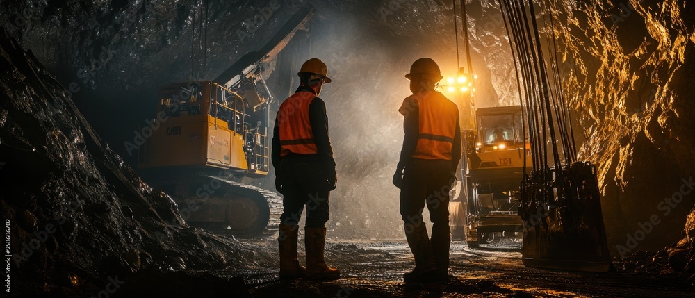 Two miners checking progress on a mining site, surrounded by equipment and excavation details, clear communication Two miners checking progress on a mining site, surrounded by equipment and excavation details, clear communication