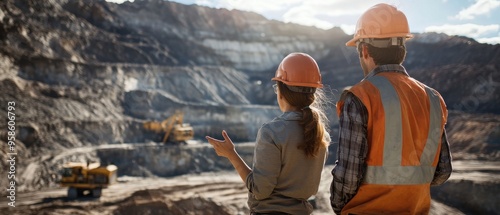 Two miners checking progress on a mining site, surrounded by equipment and excavation details, clear communication