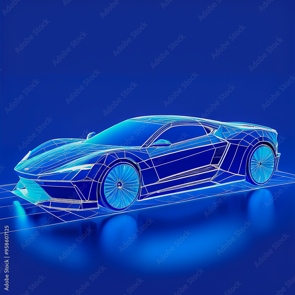 Naklejka premium Abstract polygonal 3D wireframe of modern car vector illustration on technological blue background.