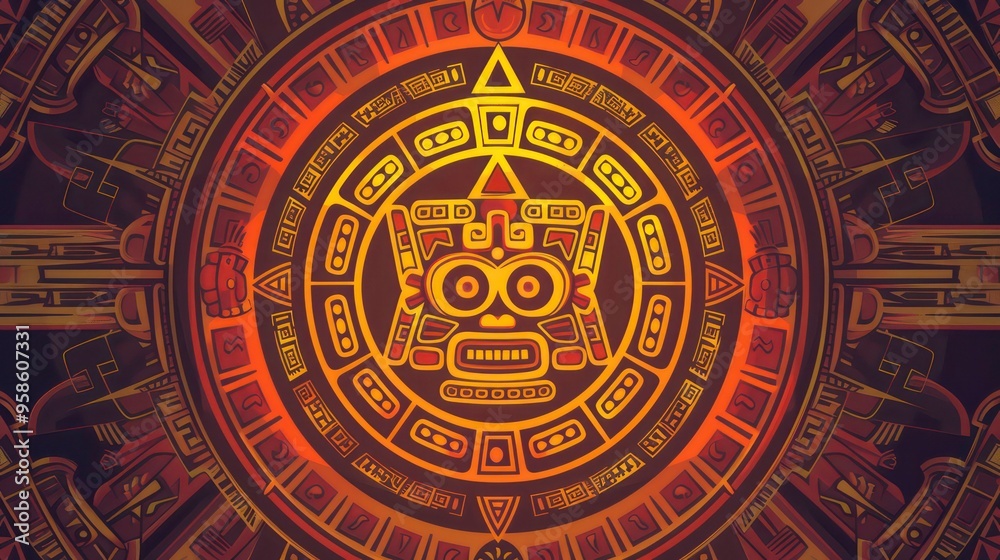Abstract circular pattern with a face in the center and a brown background. Abstract circular pattern with a face in the center and a brown background.