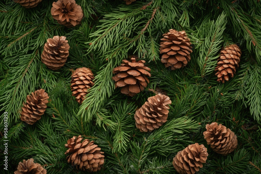 Birds eye view of spruce and thuja branches with cones. Birds eye view of spruce and thuja branches with cones.