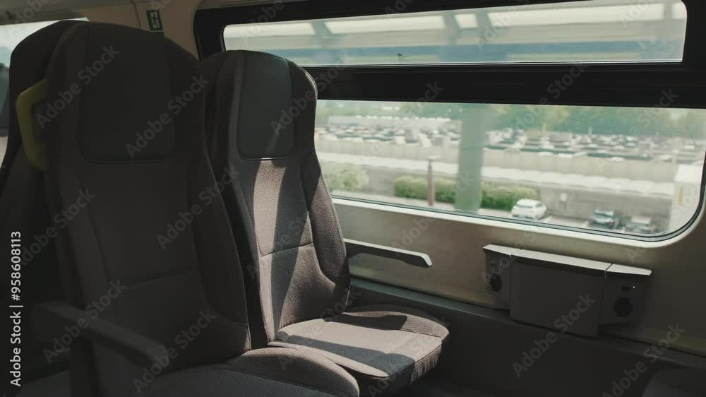 View from inside a train compartment and the landscape outside the window View from inside a train compartment and the landscape outside the window