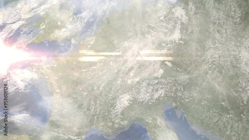 Wallpaper Mural Earth zoom in from space and focus on Schiltigheim, France. Background for travel intro or blog. Satellite view. 3D style Animation. Images from NASA. Torontodigital.ca