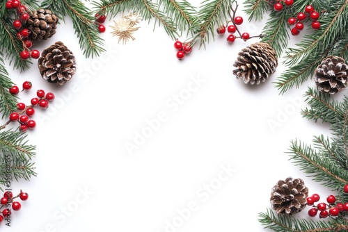 Christmas border with tree branches red berries pine cones.