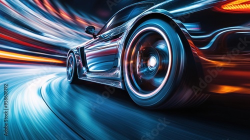 Black Sports Car Speeding Through a Tunnel of Light