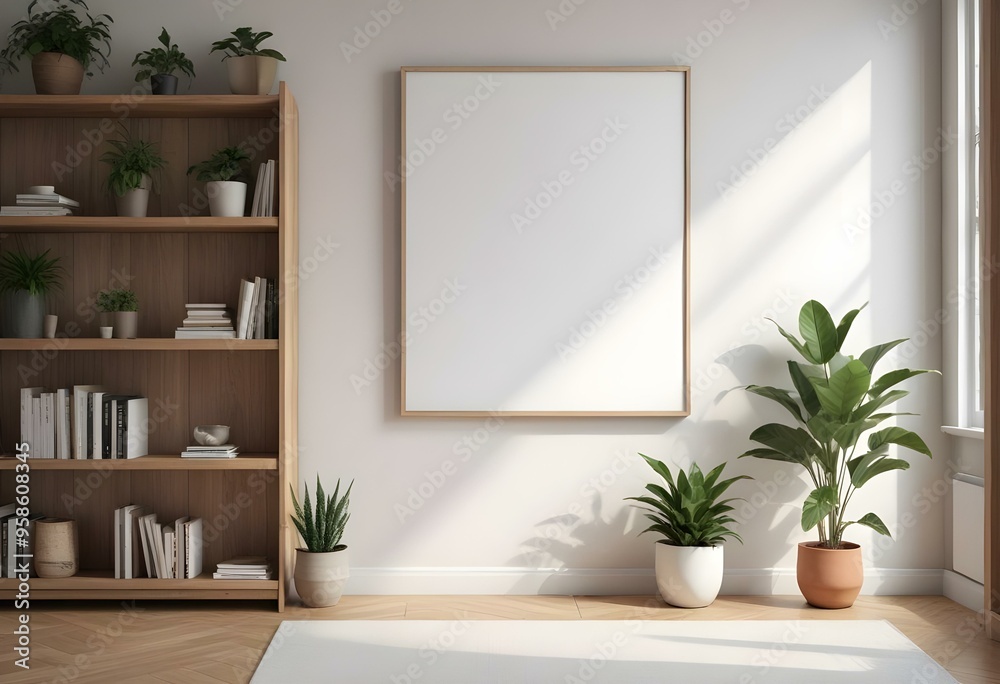 A minimalist living room with a large blank white frame on the wall, a wooden bookshelf, and potted plants on the floor. A minimalist living room with a large blank white frame on the wall, a wooden bookshelf, and potted plants on the floor.