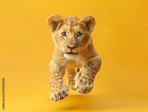 Dynamic lion cub leaping forward against vibrant yellow background, ideal for wildlife, strength and leadership concepts in advertising and marketing campaigns. photo