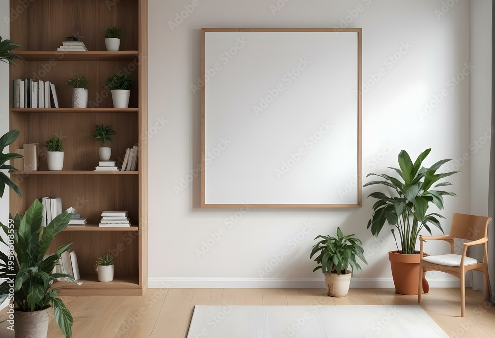 A minimalist living room with a large blank white frame on the wall, a wooden bookshelf, and potted plants on the floor. A minimalist living room with a large blank white frame on the wall, a wooden bookshelf, and potted plants on the floor.
