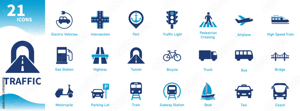 Traffic icon. Collection of icons of tunnels, roads, vehicles, gas stations, traffic lights, transport . Solid vector icons.