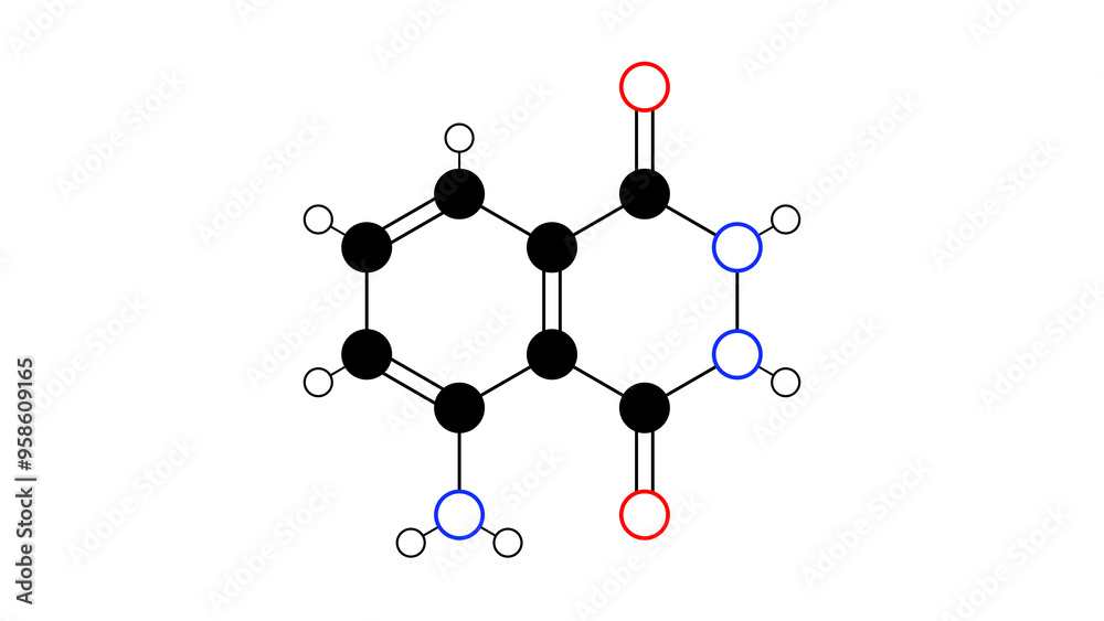luminol molecule, structural chemical formula, ball-and-stick model, isolated image aromatic amines