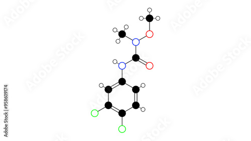 linuron molecule, structural chemical formula, ball-and-stick model, isolated image herbicide photo