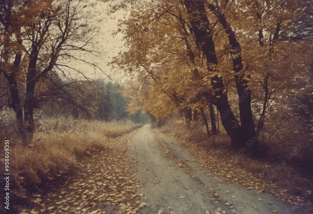 Fototapeta premium Misty morning in the forest. Vintage film photo of landscape. Generative AI. 
