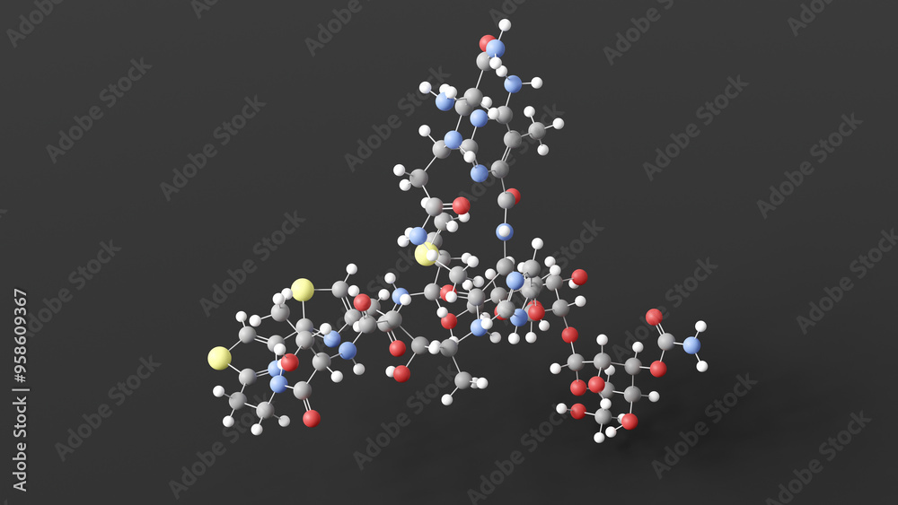 bleomycin molecule 3d, molecular structure, ball and stick model, structural chemical formula antineoplastic agents bleomycin molecule 3d, molecular structure, ball and stick model, structural chemical formula antineoplastic agents