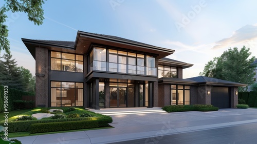 Modern house exterior showcasing sleek design, landscaped gardens, and expansive windows in a serene neighborhood setting.