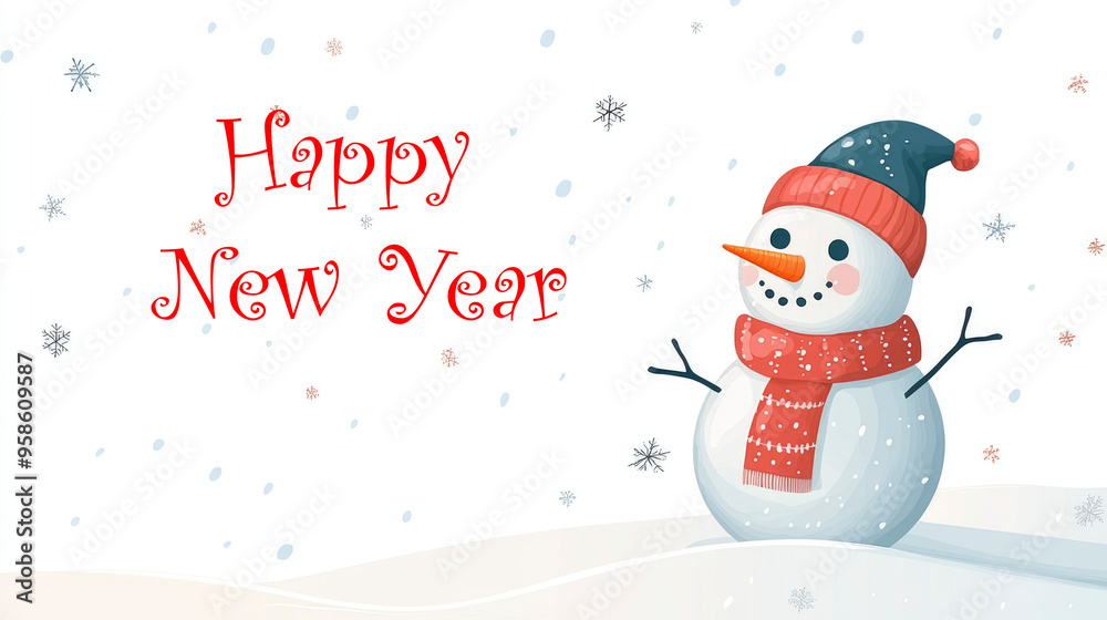 flat vector illustration A playful snowman with a bright orange hat and scarf stands happily in a snowy setting, bringing a sense of joy and warmth to the cold winter atmosphere. flat vector illustration A playful snowman with a bright orange hat and scarf stands happily in a snowy setting, bringing a sense of joy and warmth to the cold winter atmosphere.