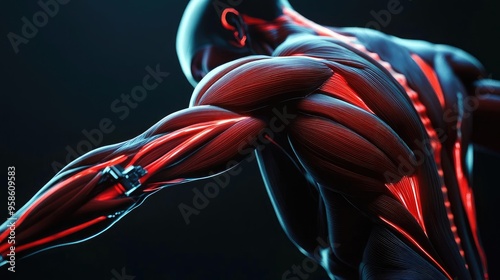A vibrant depiction of human muscle anatomy showcasing detailed muscle fibers and dynamic structure in a striking pose.