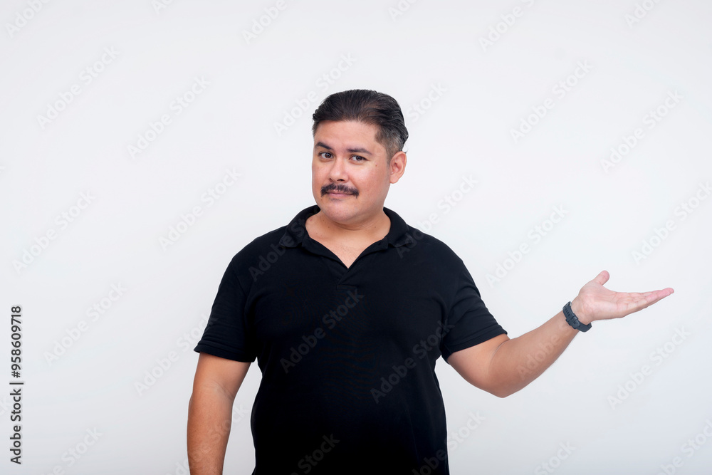 A stocky middle aged man looking at the camera casually presenting something to the right with his hand. Set against a white background. A stocky middle aged man looking at the camera casually presenting something to the right with his hand. Set against a white background.