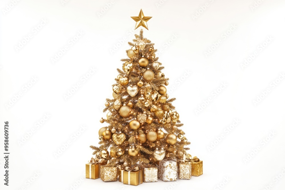 Gold Christmas tree with patchwork ornaments and presents for 2018. Gold Christmas tree with patchwork ornaments and presents for 2018.