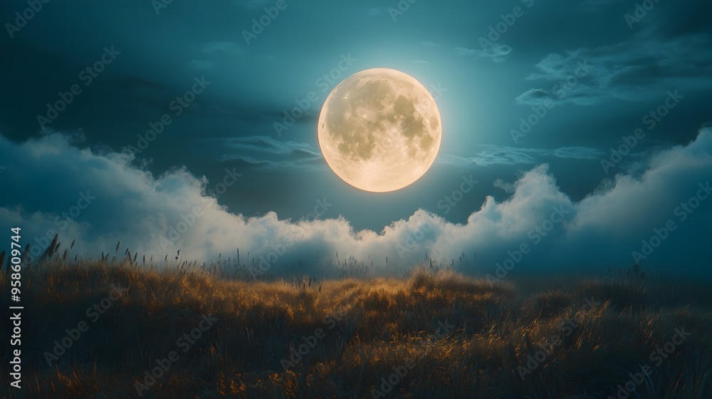 Dramatic Moonlit Landscape with Cloudy Sky and Grassy Meadow in Tranquil Nighttime Scene Dramatic Moonlit Landscape with Cloudy Sky and Grassy Meadow in Tranquil Nighttime Scene