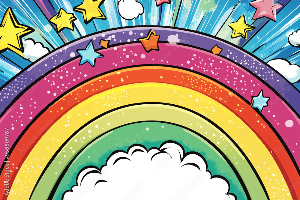 Fototapeta premium Bright rainbow-colored stripes curve over a starry sky with small stars scattered across the dark blue background