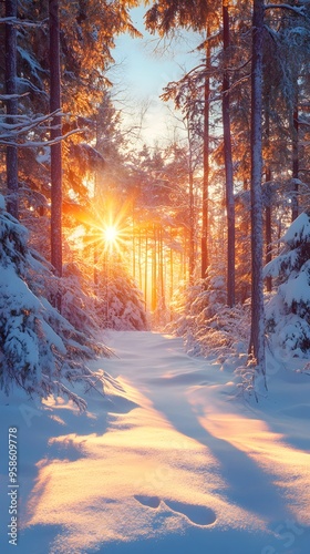 A panoramic view of an enchanted winter forest at sunset, with tall trees covered in snow and the warm glow of sunlight filtering through them