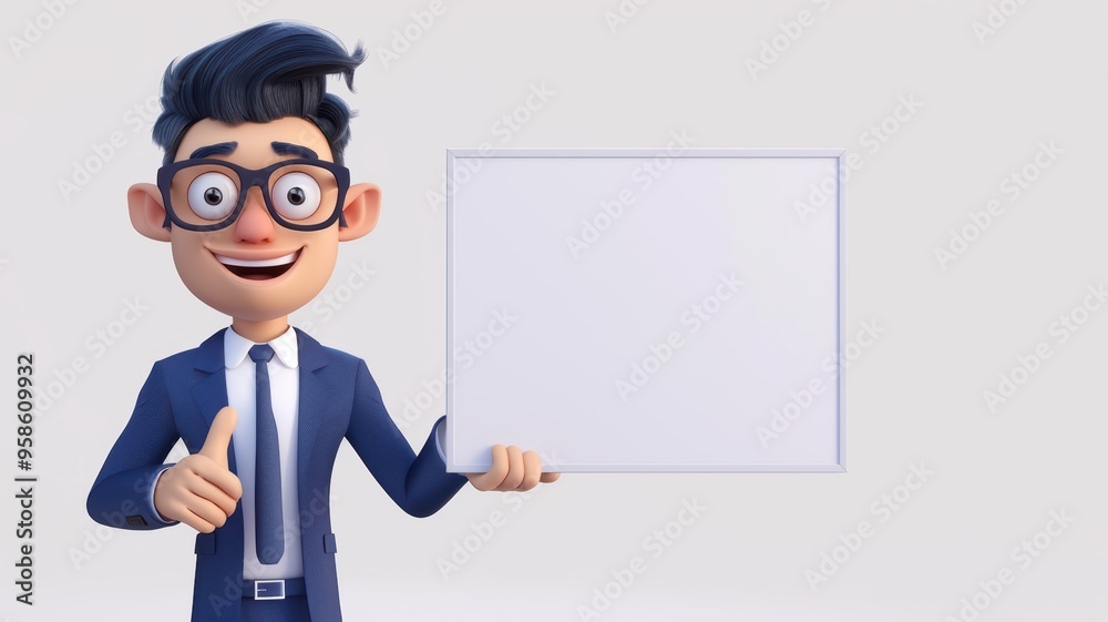A cheerful cartoon character in a suit holds a blank sign, perfect for customizable advertising or promotional content. A cheerful cartoon character in a suit holds a blank sign, perfect for customizable advertising or promotional content.