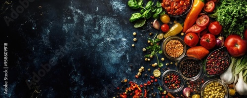 Vibrant assortment of fresh vegetables, herbs, and spices on a dark background, perfect for cooking and healthy lifestyle themes.