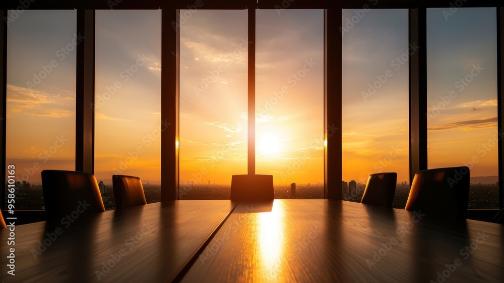 A dramatic sunset view from a modern conference room with a long table, highlighting the warmth of the evening light. A dramatic sunset view from a modern conference room with a long table, highlighting the warmth of the evening light.