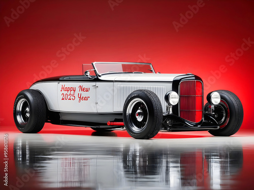 Beautiful unique vintage hot rod car, happy new 2025 year text, automotive background, tuning template, wallpaper, auto transport	