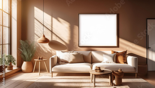 cozy living room in brown color tone with blank white wall painting frame