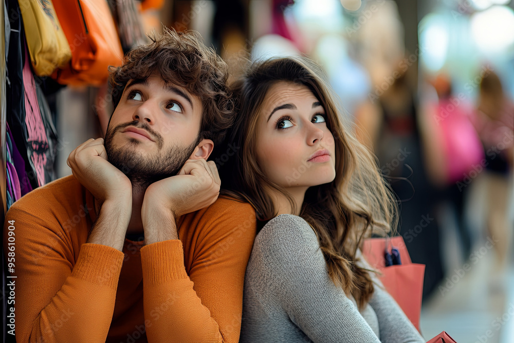 Fototapeta premium Bored man shopping with his girlfriend in a commercial street