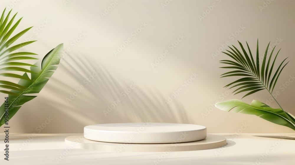 Elegant display platform surrounded by lush greenery, perfect for showcasing products in a minimalist setting. Podium for product. Elegant display platform surrounded by lush greenery, perfect for showcasing products in a minimalist setting. Podium for product.