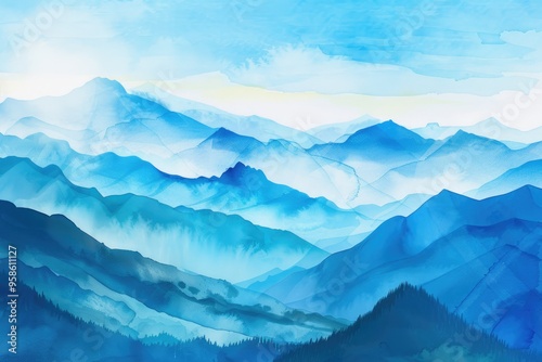 Watercolor Mountain Landscape. Hand-Drawn Rocky Mountains with Blue Sky and Copy Space