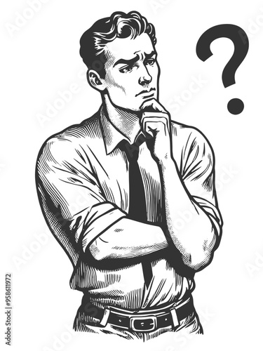 man deep in thought, symbolizing confusion or contemplation dilemma sketch engraving generative ai fictional character vector illustration. Scratch board imitation. Black and white image.