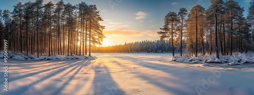 A panoramic view of an enchanted winter forest at sunset, with tall trees covered in snow and the warm glow of sunlight filtering through them