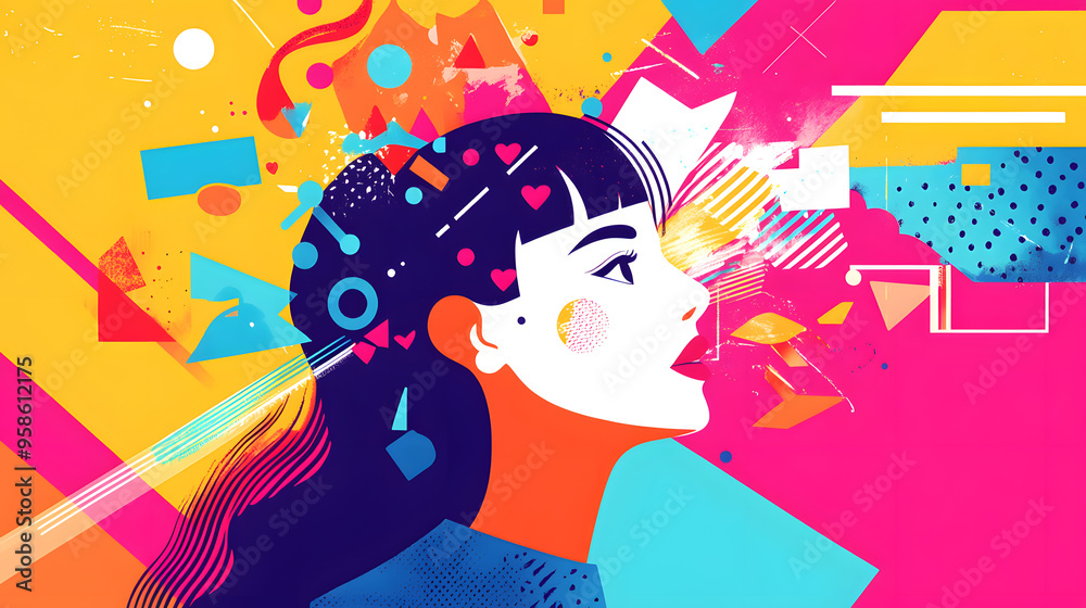 Young woman’s brain exploding information to social media. style geometric minimalism with bright colors, abstract illustration of a young woman's brain exploding . Young woman’s brain exploding information to social media. style geometric minimalism with bright colors, abstract illustration of a young woman's brain exploding .